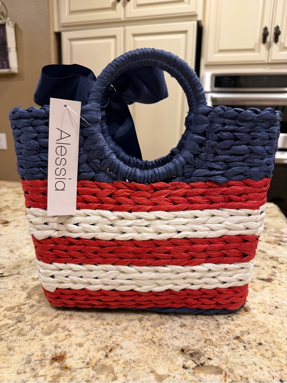 Alessia Red, White & Blue Woven Tote Bag w/Navy Bow & Rhinestone star bag charm - Picture 2 of 6
